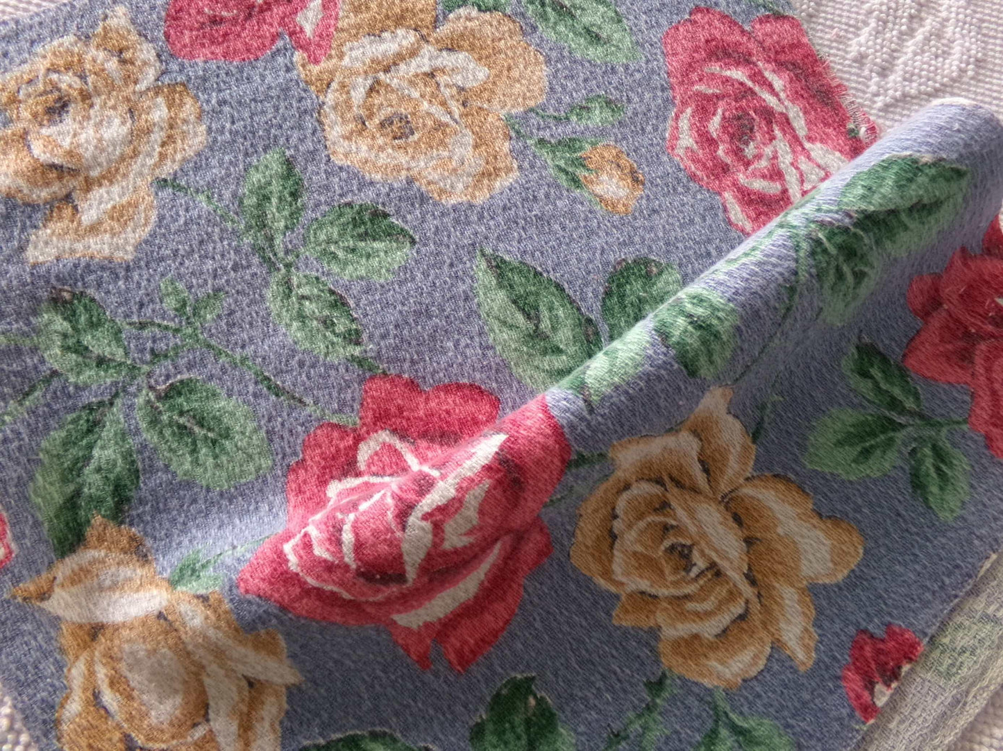 shabby chic rose barkcloth fabric, lovely floral blooms on blue, 27" x 16" inch piece, great vintage sewing material for pillows