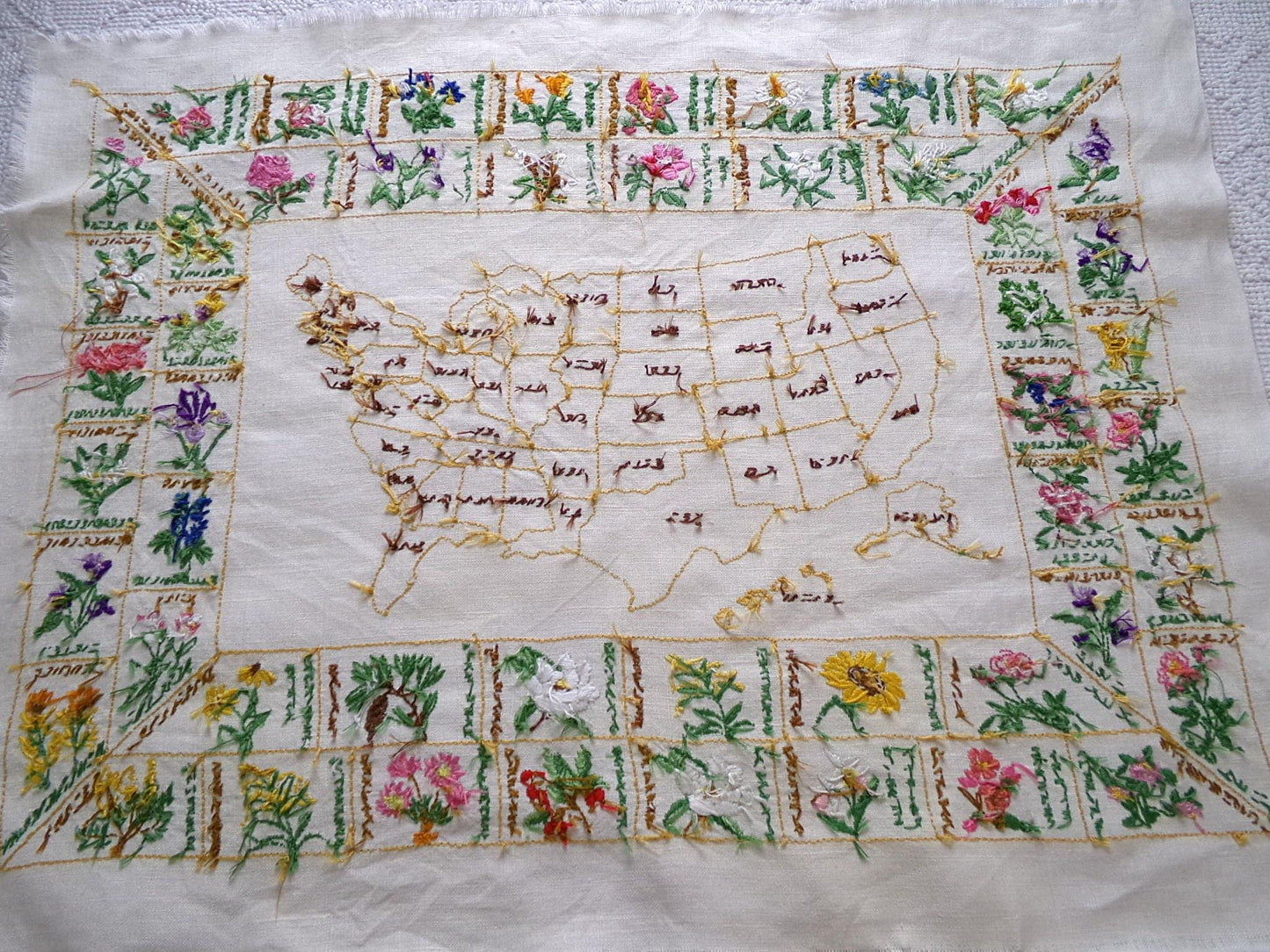 Vintage Embroidery Sampler 50 United States Flowers USA Map Heirloom Piece on 100% Belgian Linen, Paragon Stitchery, Completed, Unframed