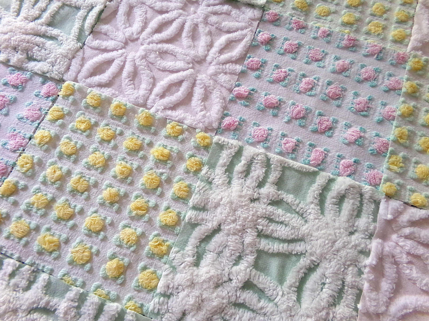 spring medley vintage chenille fabric squares, set of 16 pretty 6" quilt blocks, yellow & pink rosebud, daisy flower, white, mint green