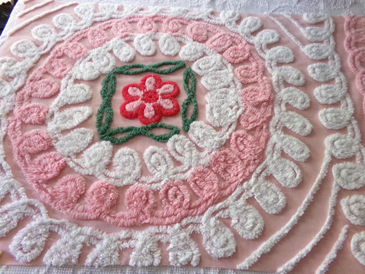 beautiful shabby pink vintage chenille fabric, frosted wedding cake design with rose flower, 20" x 31" inch piece of sewing material