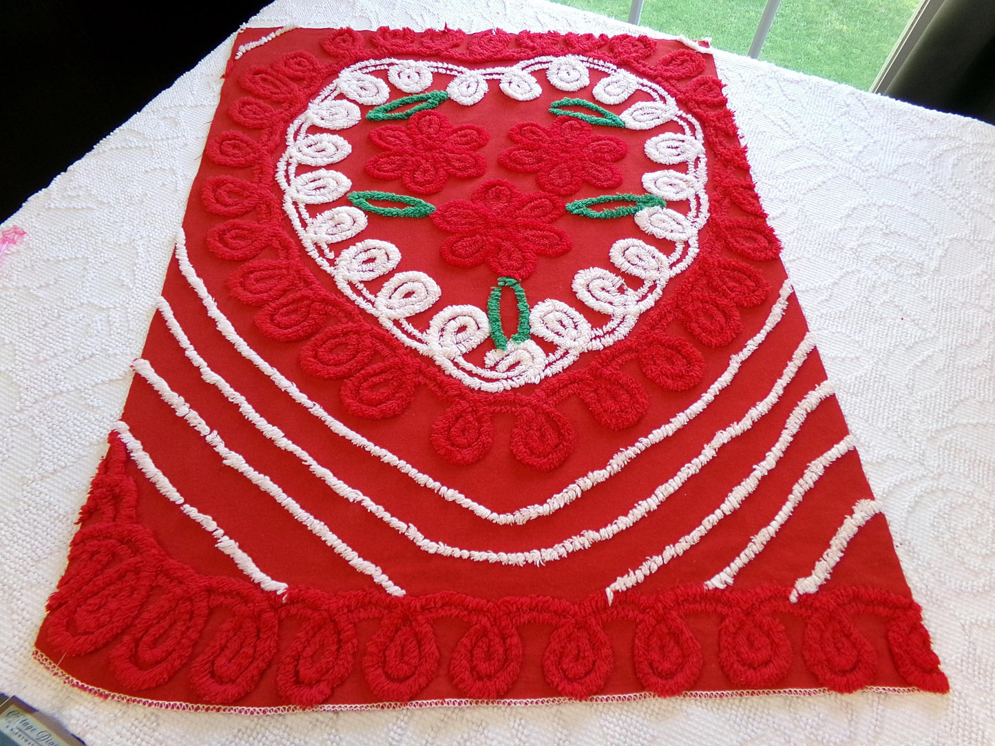 Christmas Heart Vintage Chenille Fabric, Festive Red & White for Crafts, Quilting, 20" x 25" Cut Piece