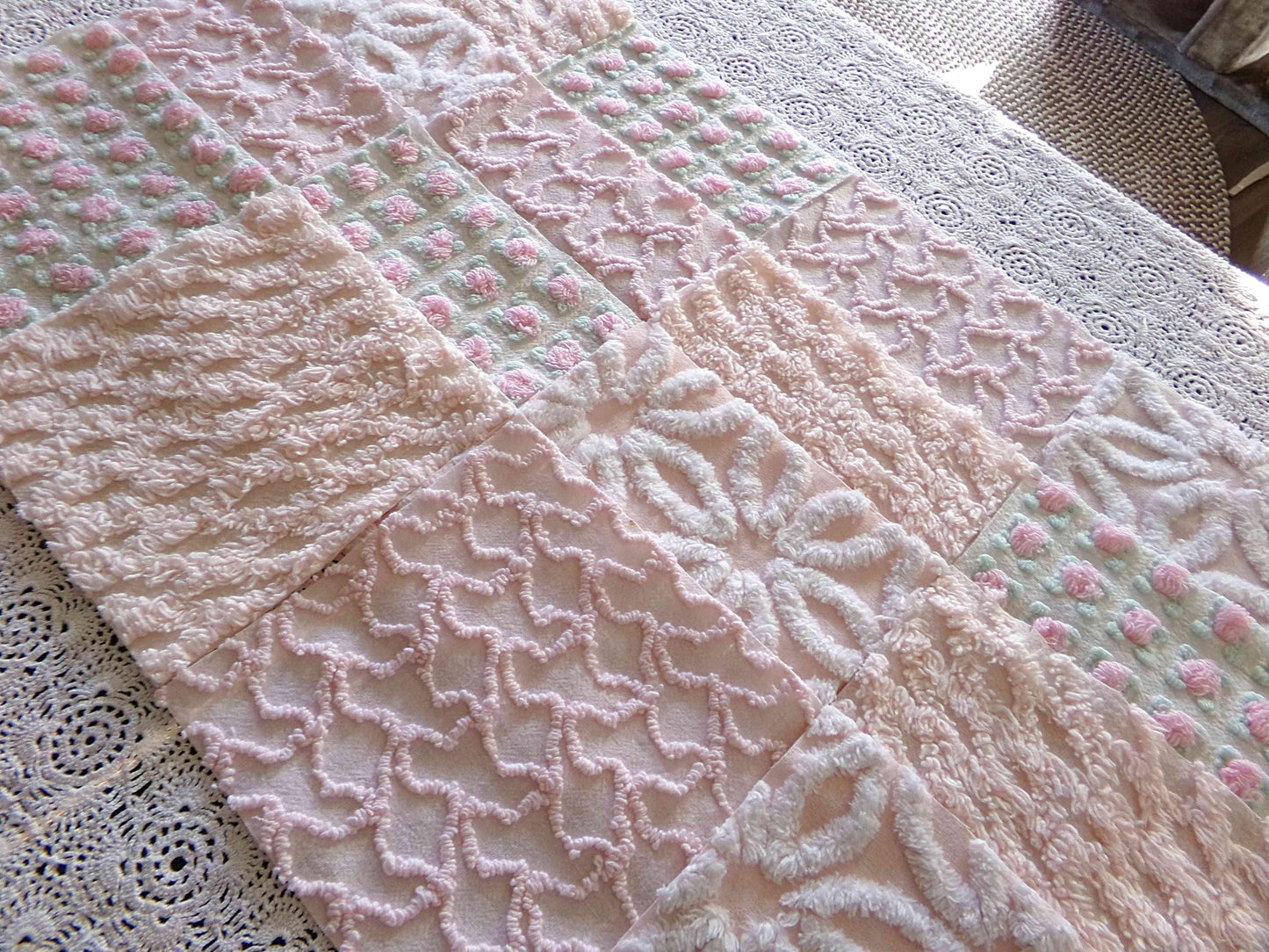 Spring Glow Chenille Quilt Squares Set from Vintage Bedspread Fabric, 16 Blocks, 6" inch ea in pretty daisies, pink rosebuds, peach lattice