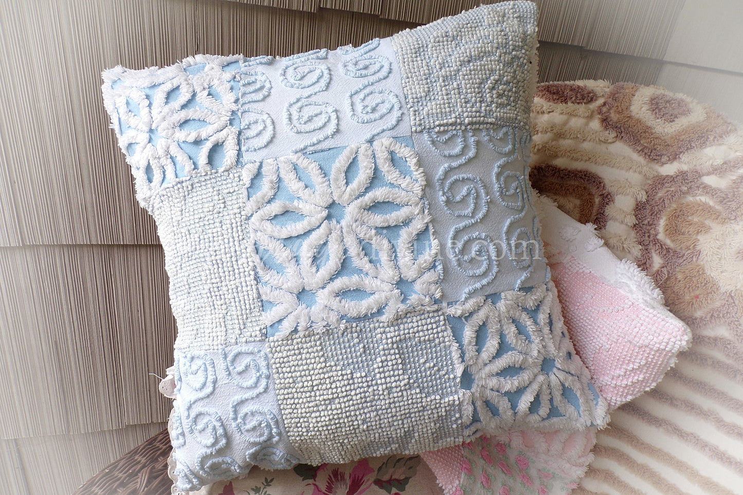 Beach Cottage Chenille Pillow Cover 16" x 16" inch Square, REVERSIBLE Patchwork Blue Accent Pillow from Vintage Chenille Bedspread Fabric