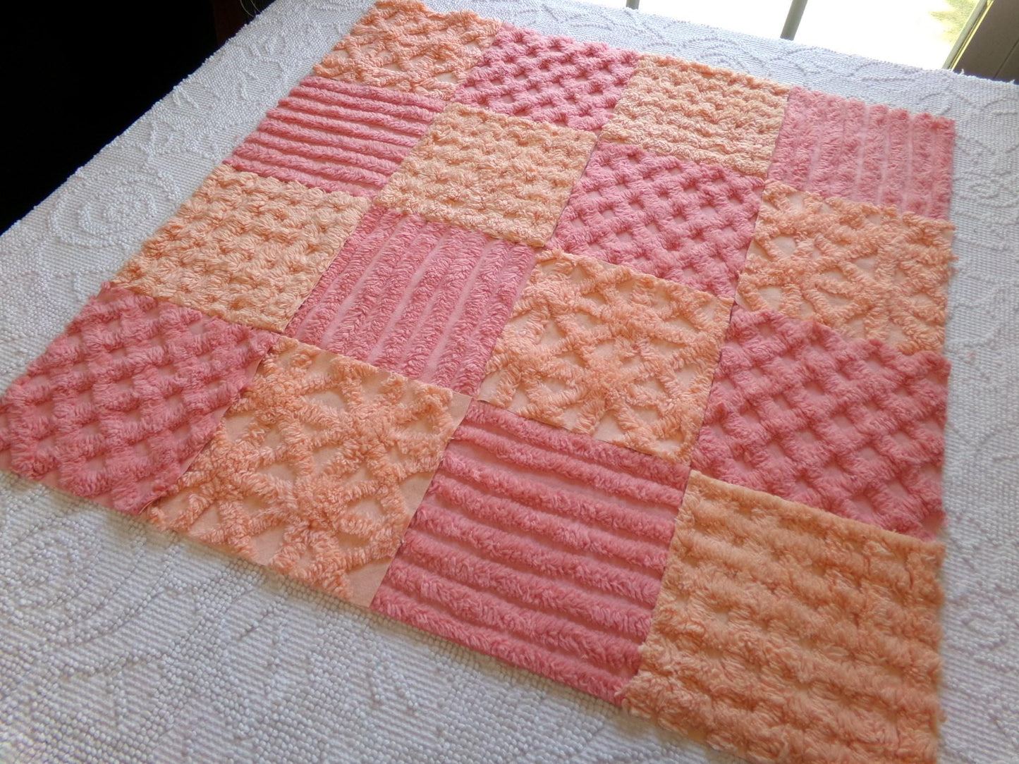 raspberry peach sherbet vintage chenille fabric squares, set of 16 plush soft tufted 6" blocks