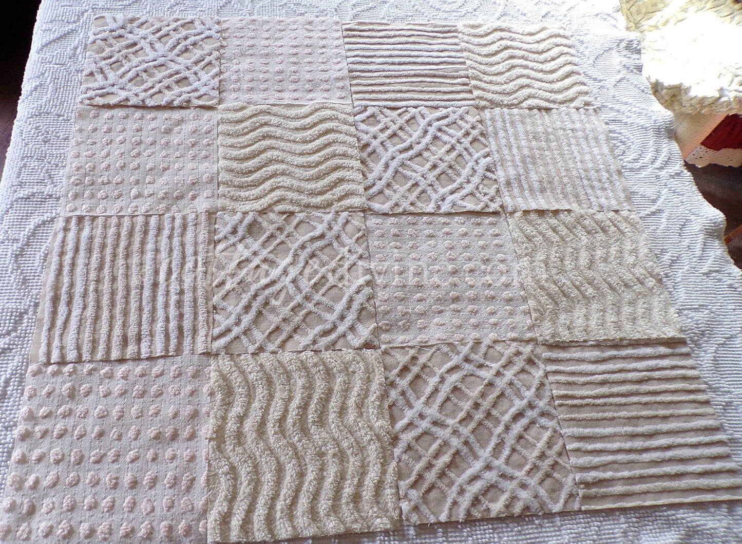 Cream Latte Quilt Squares Set from Vintage Chenille Bedspread Fabric, 16 Blocks, 6" x 6" inch, Neutral tones