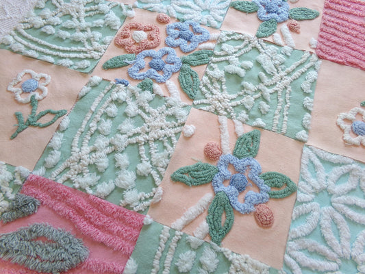 fresh flowers vintage chenille fabric squares, set of 16 summer colors 6" blocks for crafts, sewing