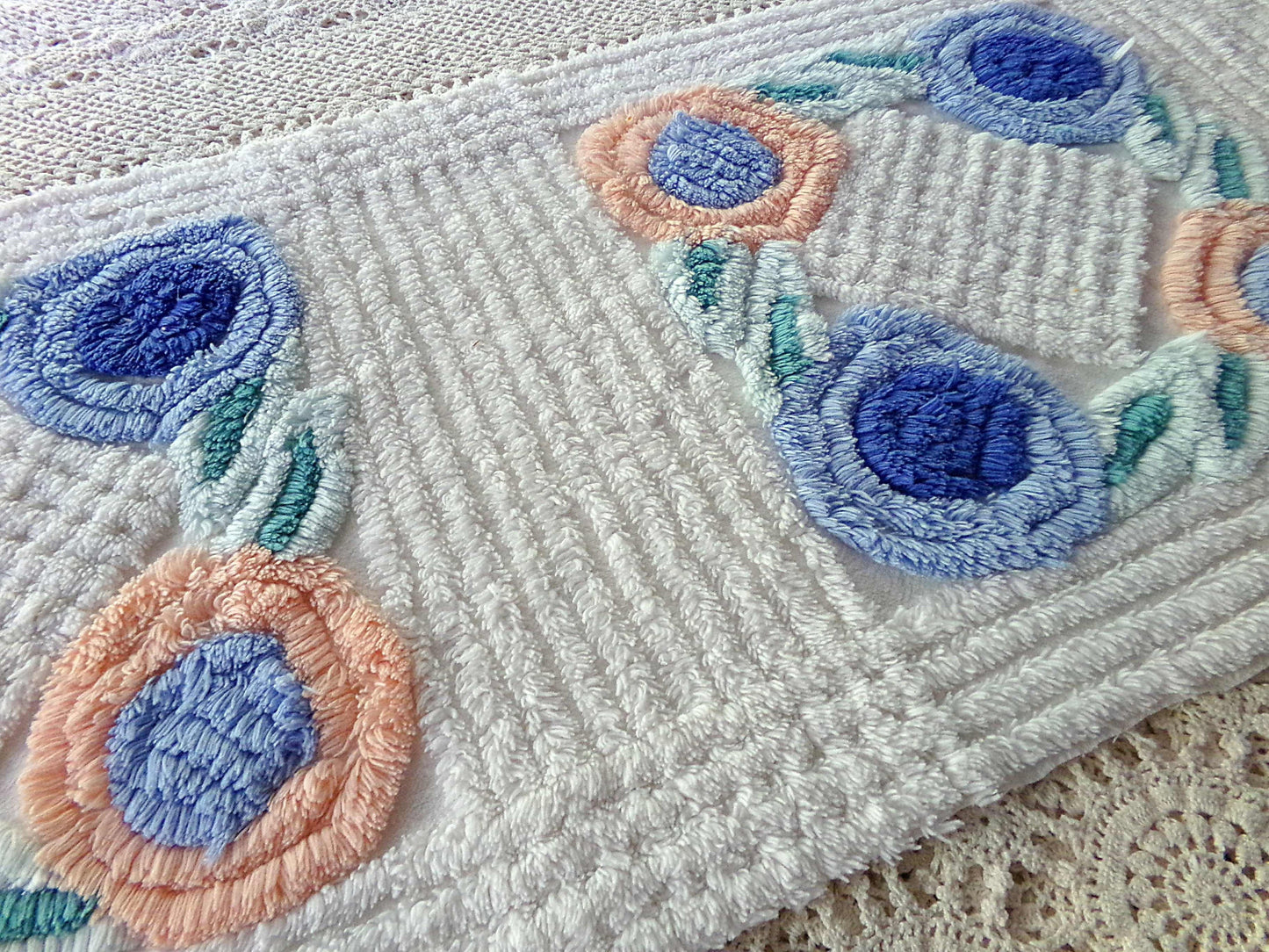 Pretty Vintage Chenille Fabric in Two Tone Blue & Iced Peach Roses on White, 13" x 30" inch Piece, Ideal for DIY Pillow Covers