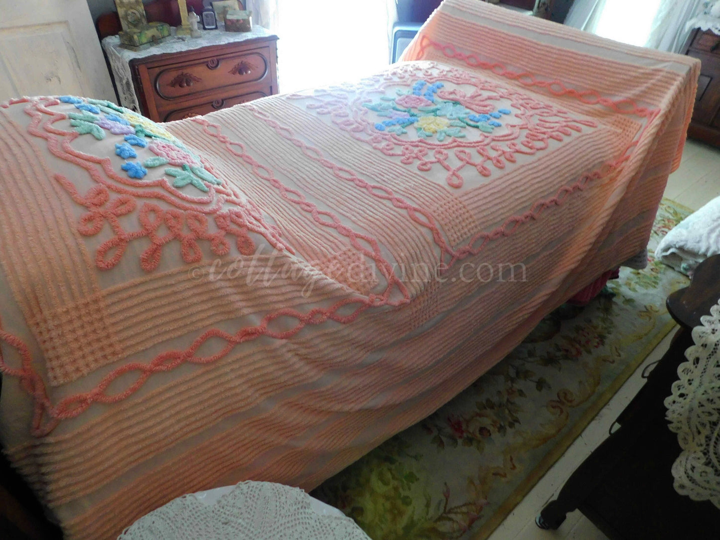 Romantic Vintage Chenille Bedspread, Spring Flowers on Old Fashioned Peach, Full Size 100% Cotton Summer Coverlet
