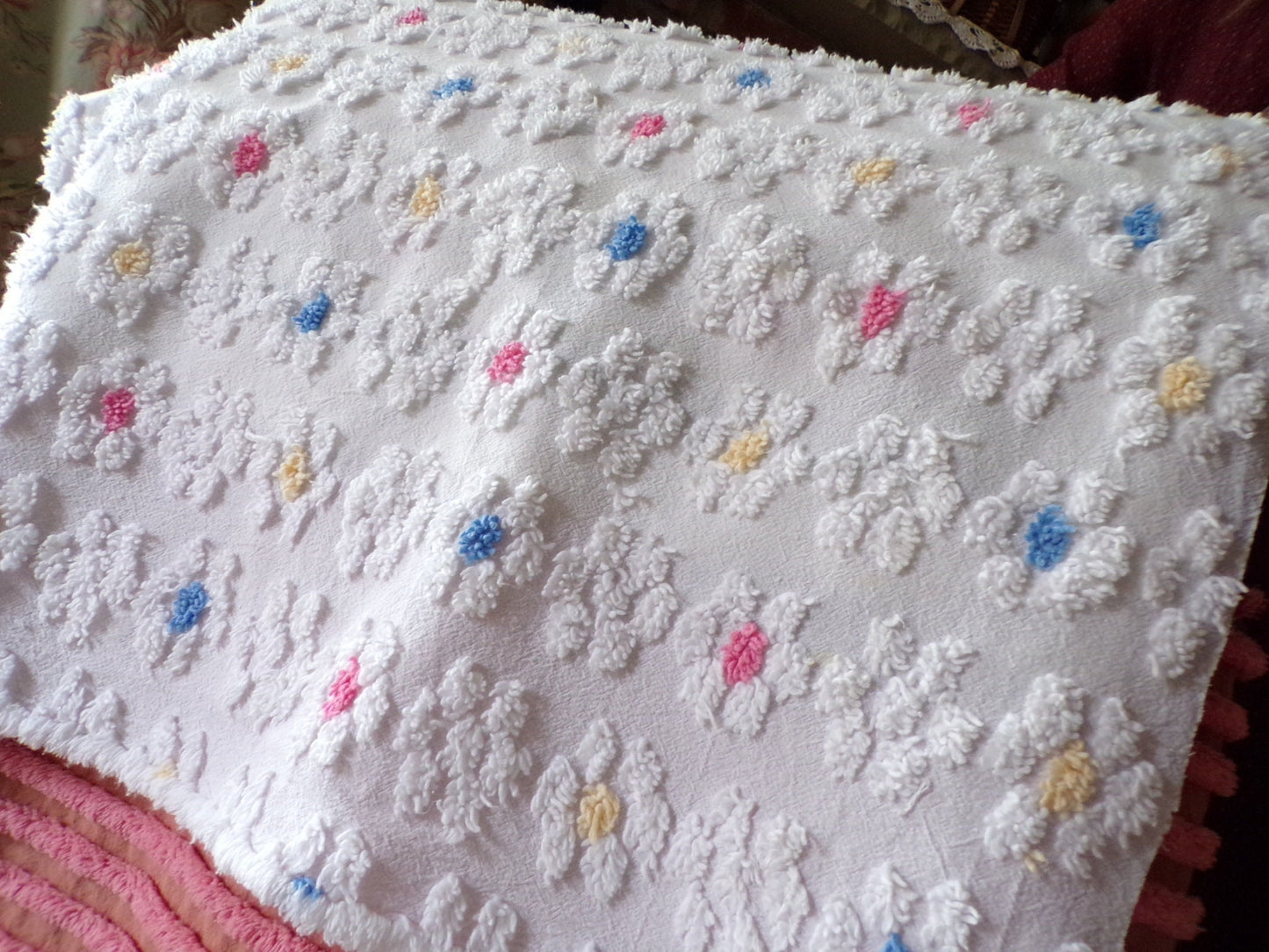 Adorable Rainbow Daisy Vintage Style Chenille Fabric, White Floral 20" x 22" inch Piece, So Cute in Quilts & Sewing Projects