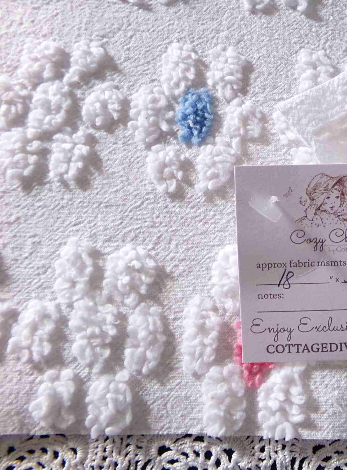 Cute Vintage Style Chenille Fabric, Y2K Daisy Pattern in White, Pink & Blue, 18" x 24" inch Piece, 100% Lightweight Cotton