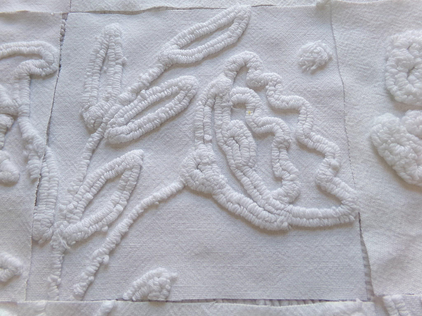 Vintage Chenille Fabric Squares in Winter Garden White Florals from Vintage Bedspread Fabric, Set of 16 Quilt Blocks, 6" x 6" inch