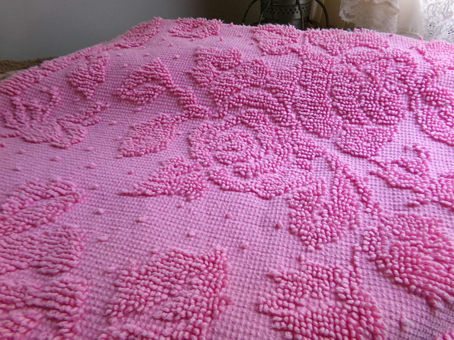 Romantic Pink Rose Dot Vintage Fabric, Reversible Chenille Woven Hobnail Design, 19" x 25" inches,