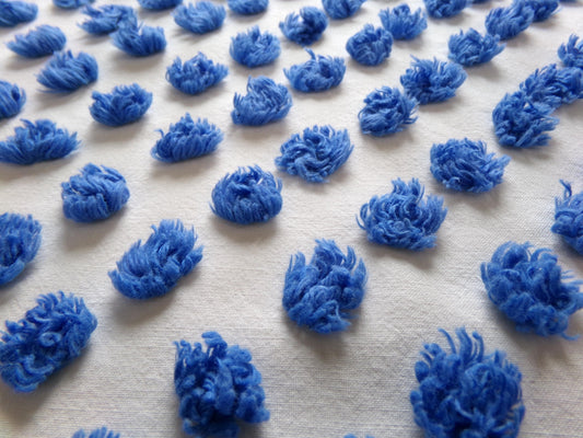 cutie blueberry blue puffs vintage chenille fabric, 17" x 23" inch piece of sewing material, tufted windswept popcorns