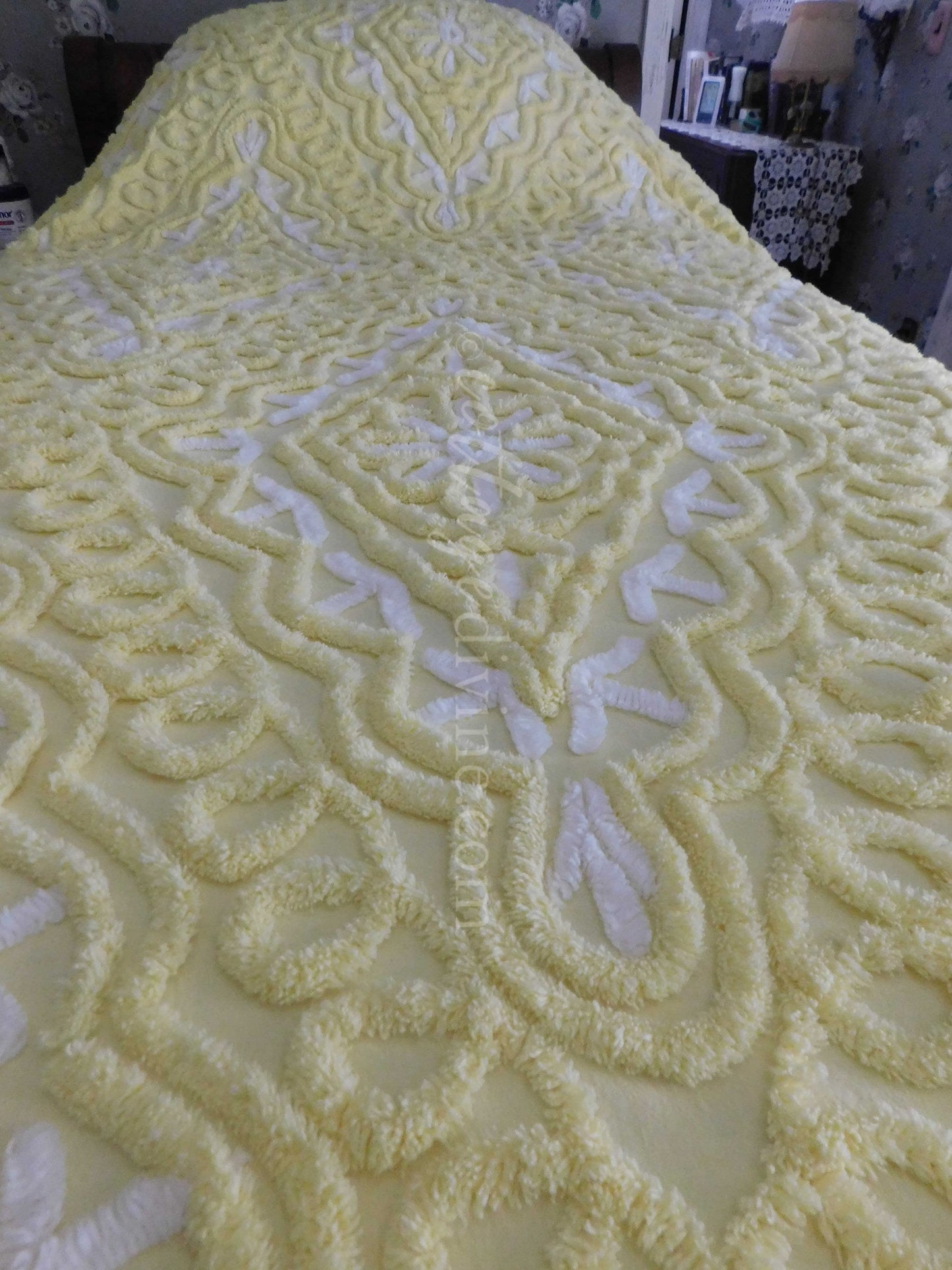 Chenille Bedding, Delicious Lemon Chiffon Vintage Chenille Bedspread, Integrated Ruffle Skirt, Fitted Full Size