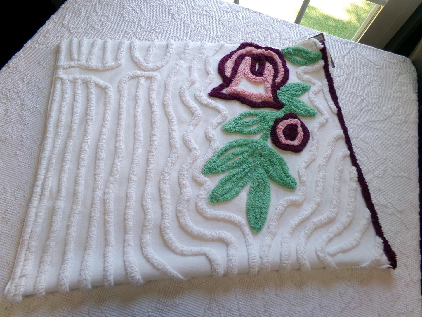 Berry Mauve Blooms Vintage Chenille Fabric, Large 22" x 37" Piece of Plush Swirl White Cotton Sewing Material Upcycle into Quilts & Crafts