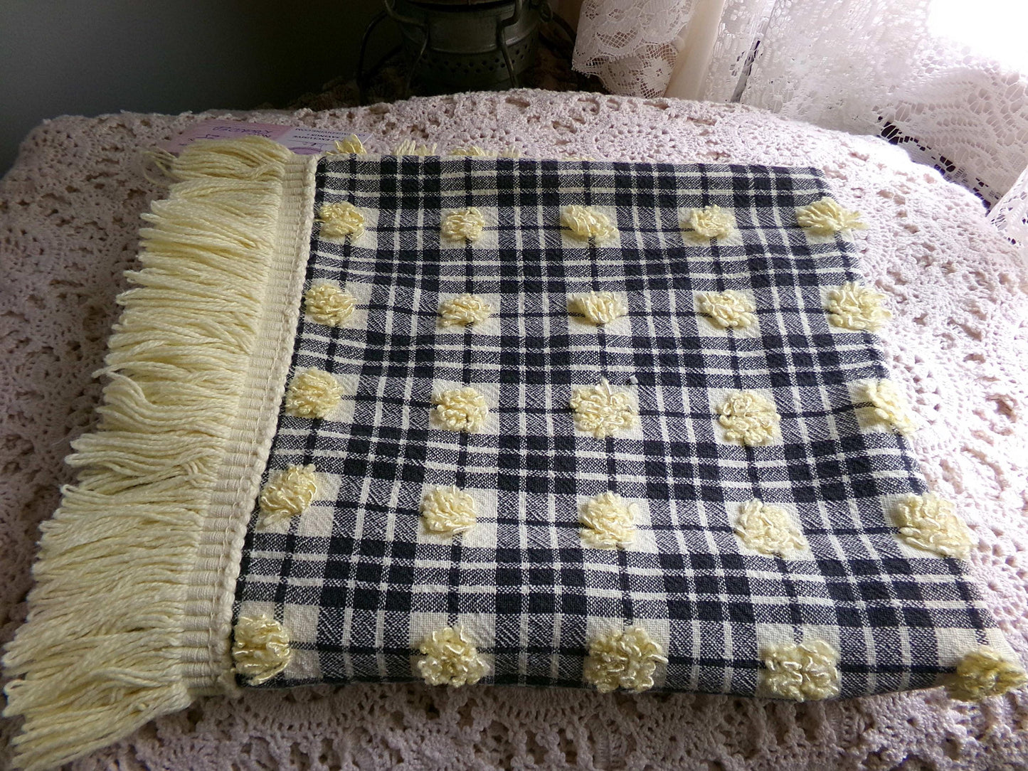 Retro Vintage Chenille Fabric, Bumblebee Black & Yellow Pops Piece, 17" x 25" inch Rounded with Accent Fringe