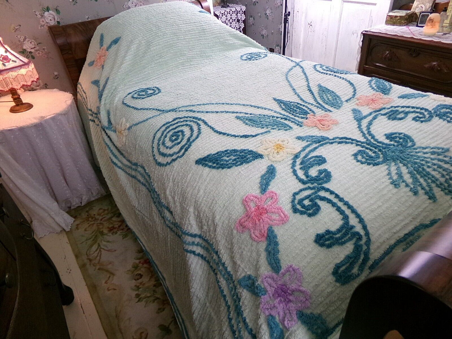 Mint Green Vintage Full Chenille Bedspread Midcentury Sprawling Scroll Floral Design