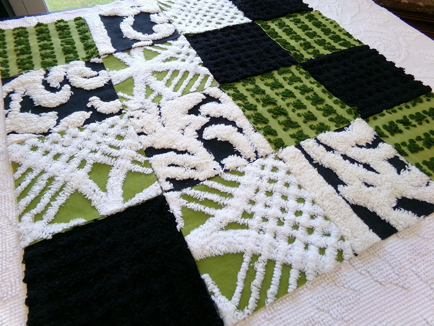 goblin green & black vintage chenille fabric squares, set of 16 boho 6" quilt blocks for crafts, sewing, diy pillow covers