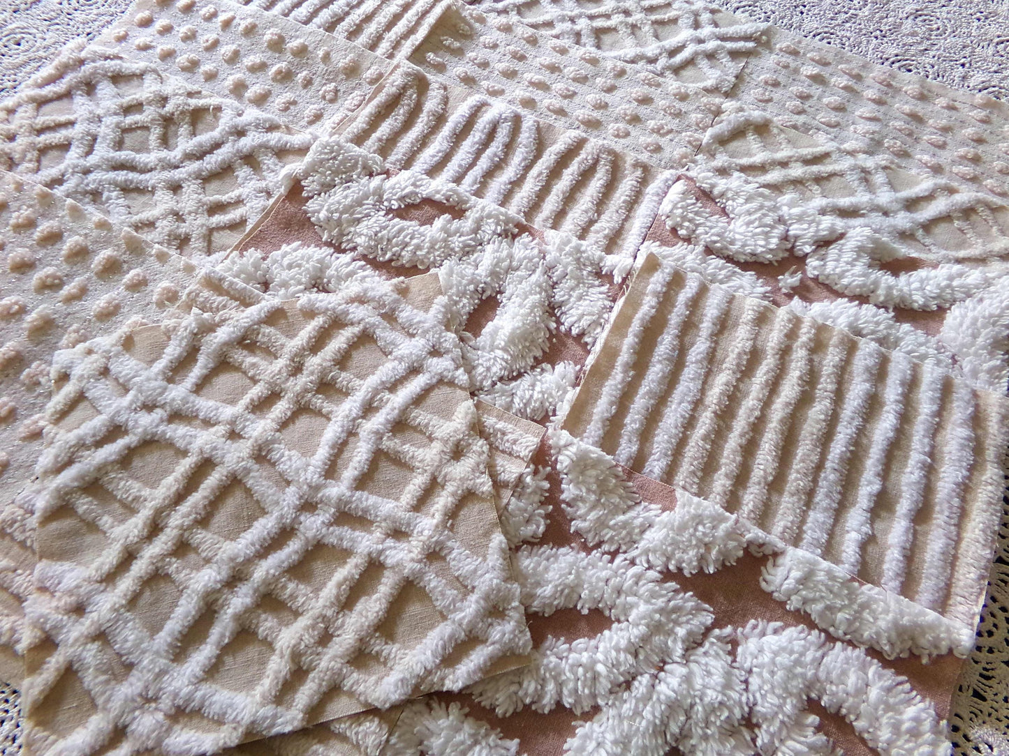 Neutral Modern Chenille Quilt Squares Set from Vintage Bedspread Fabric, 16 Blocks 6" x 6" inch, Daisy, Wavy Honeycomb, Stripe, Dot Patterns