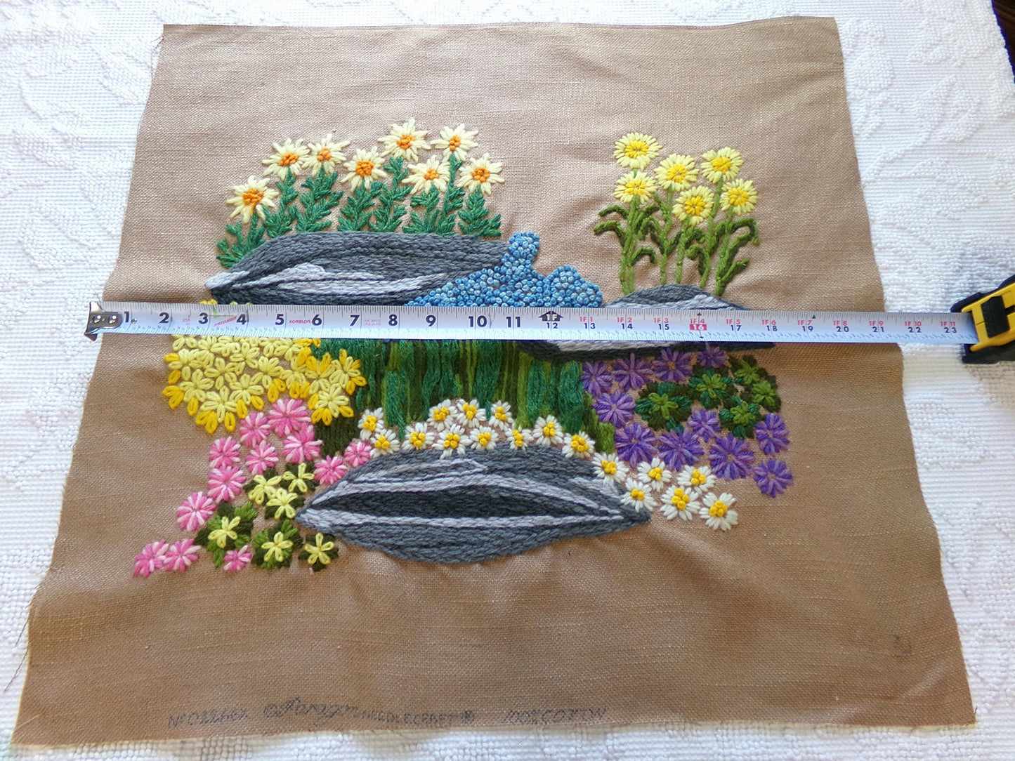 ROCK GARDEN Vintage Crewel Embroidery, FINISHED Boho Style Stitchery, Paragon Needlecraft #0215, Retro Floral Design by Barbara Sparre