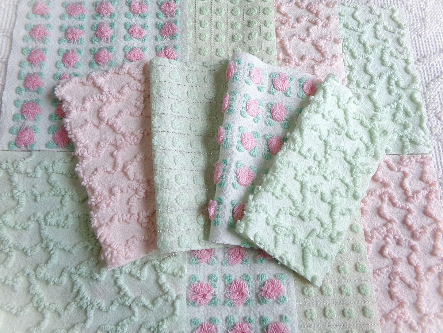 fairytale pink & green chenille fabric squares, set of 12 vintage 6" quilt blocks in crafty girl's dozen, popular squiggles, rosebud, dots