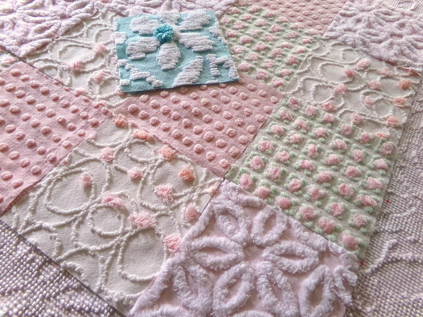 cottage garden chenille fabric squares, vintage craft square set of 17 quilt blocks, 6" x 6" inch, ideal in handmade chenille quilts, crafts