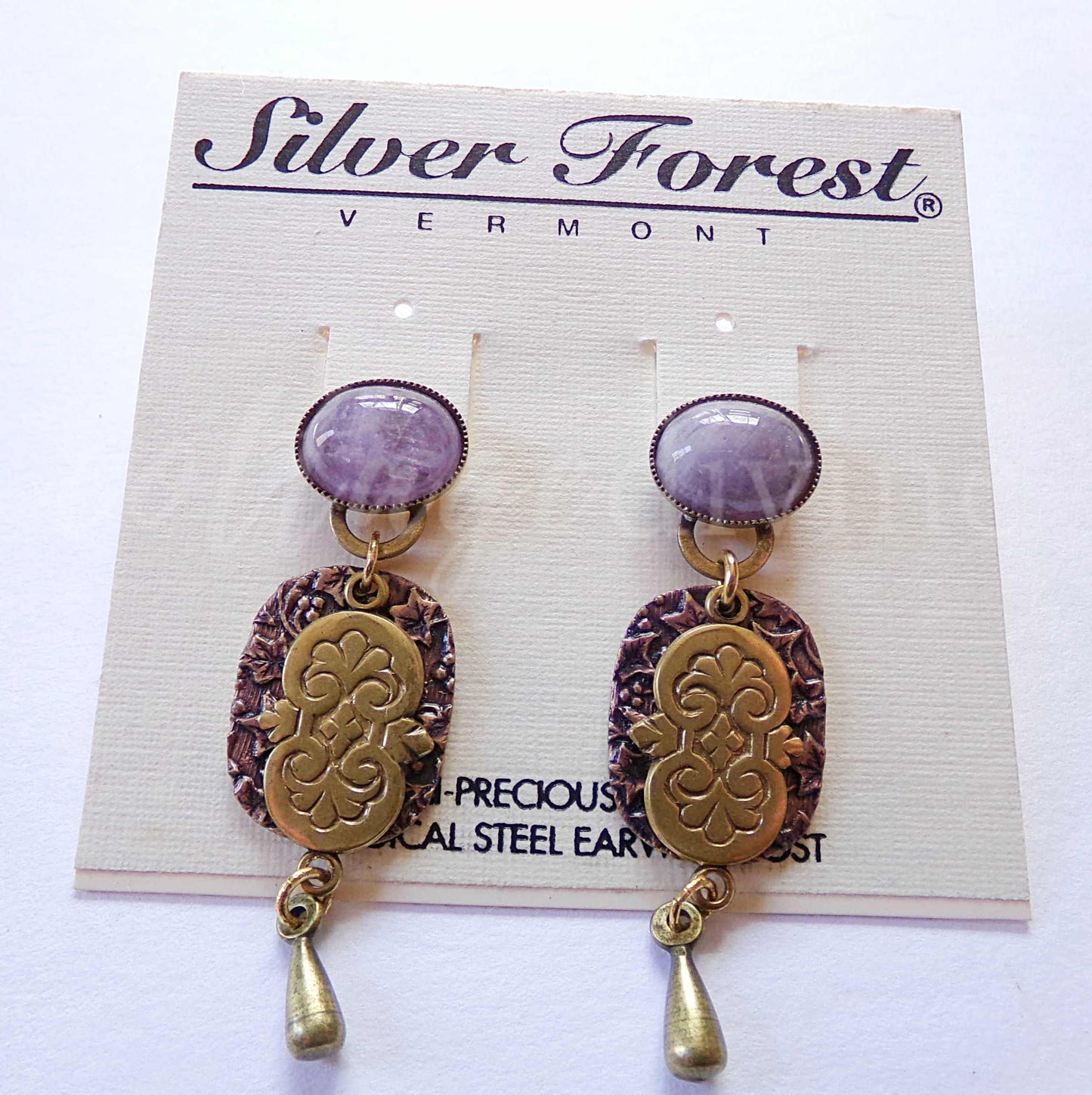 Amethyst Ivy Pierced Dangle Earrings, Artsy Boho Vintage Style Silver Forest Vermont Design, Semi-Precious Stones