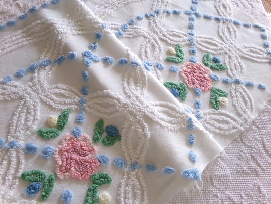beach cottage fabric, cut from vintage chenille bedspread, 18" x 34" piece with 2 floral motifs, ideal for quilting & sewing