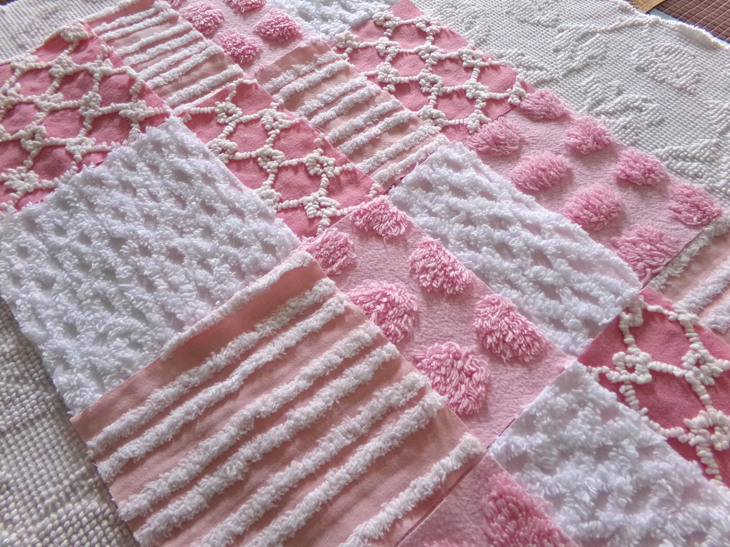 fun pink vintage chenille fabric squares, set of 16 quilt blocks, 6" x 6" inch, textured material ideal for rag quilts & patchwork pillows
