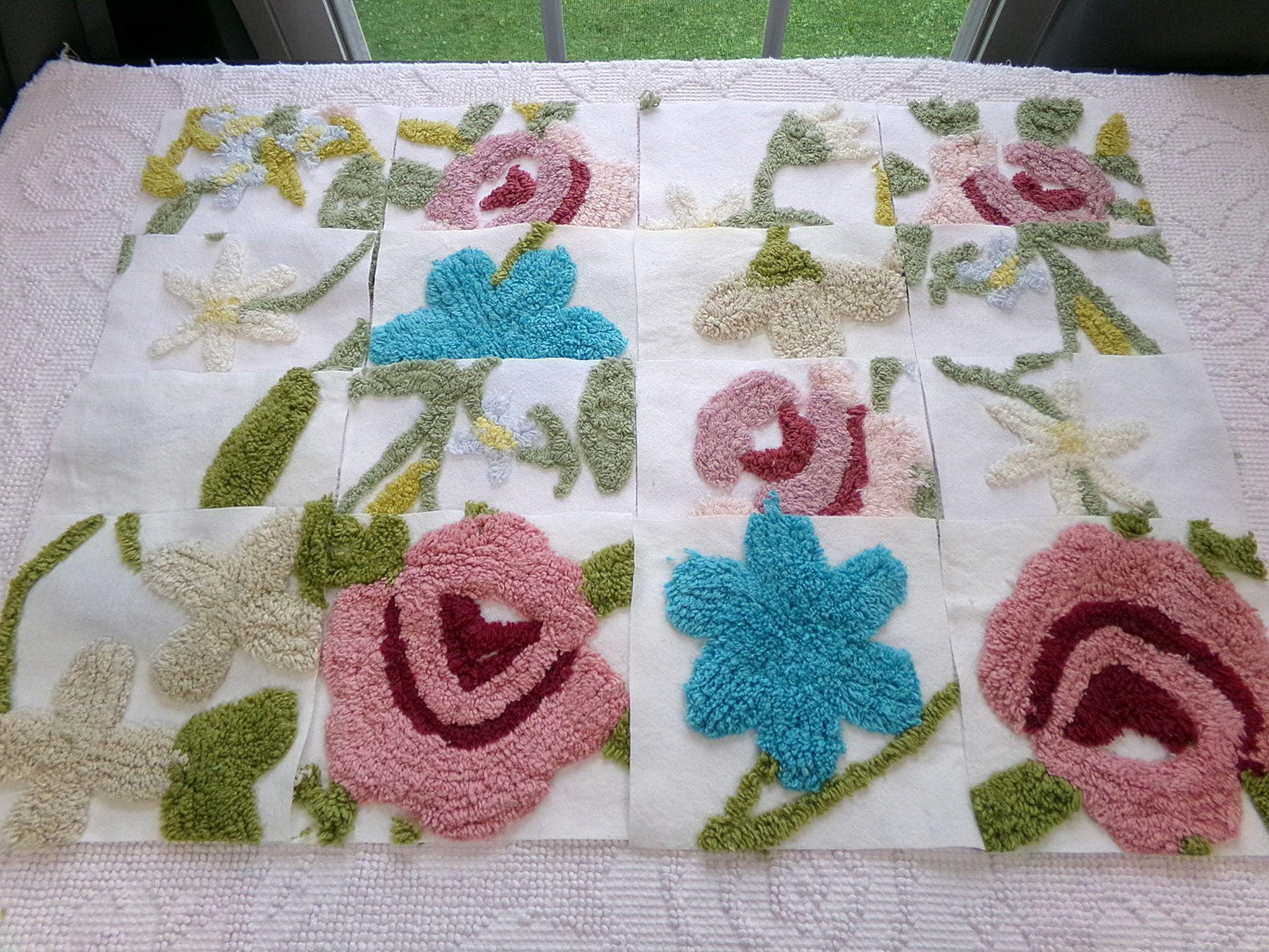 flower festival chenille fabric squares, set of 16 vintage floral 6" craft blocks, cottage designs for quilt inlays, pillows, fiber arts