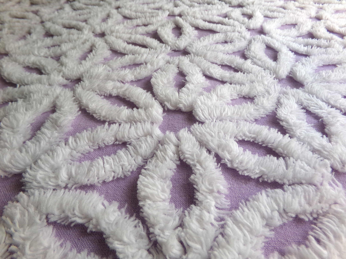 Spring Lavender Vintage Chenille Fabric in Lilac Purple & Fluffy White Daisy, 19" x 25" inch Piece, Lovely in Quilts