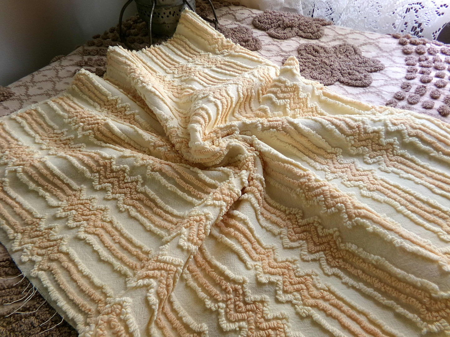 cosmic vintage chenille fabric in fantastic yellow lightning strike pattern, 19" x 30" cut fabric piece w/ needletuft zig zag zaps