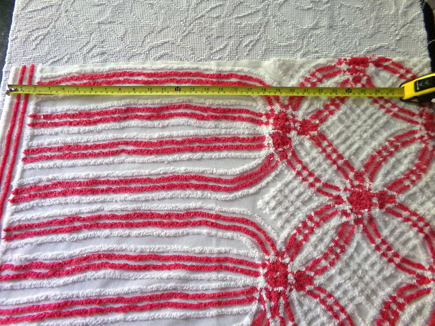 red & white vintage chenille fabric in wedding ring cathedral stripe design, 19" x 29" inch irregular piece of sewing material