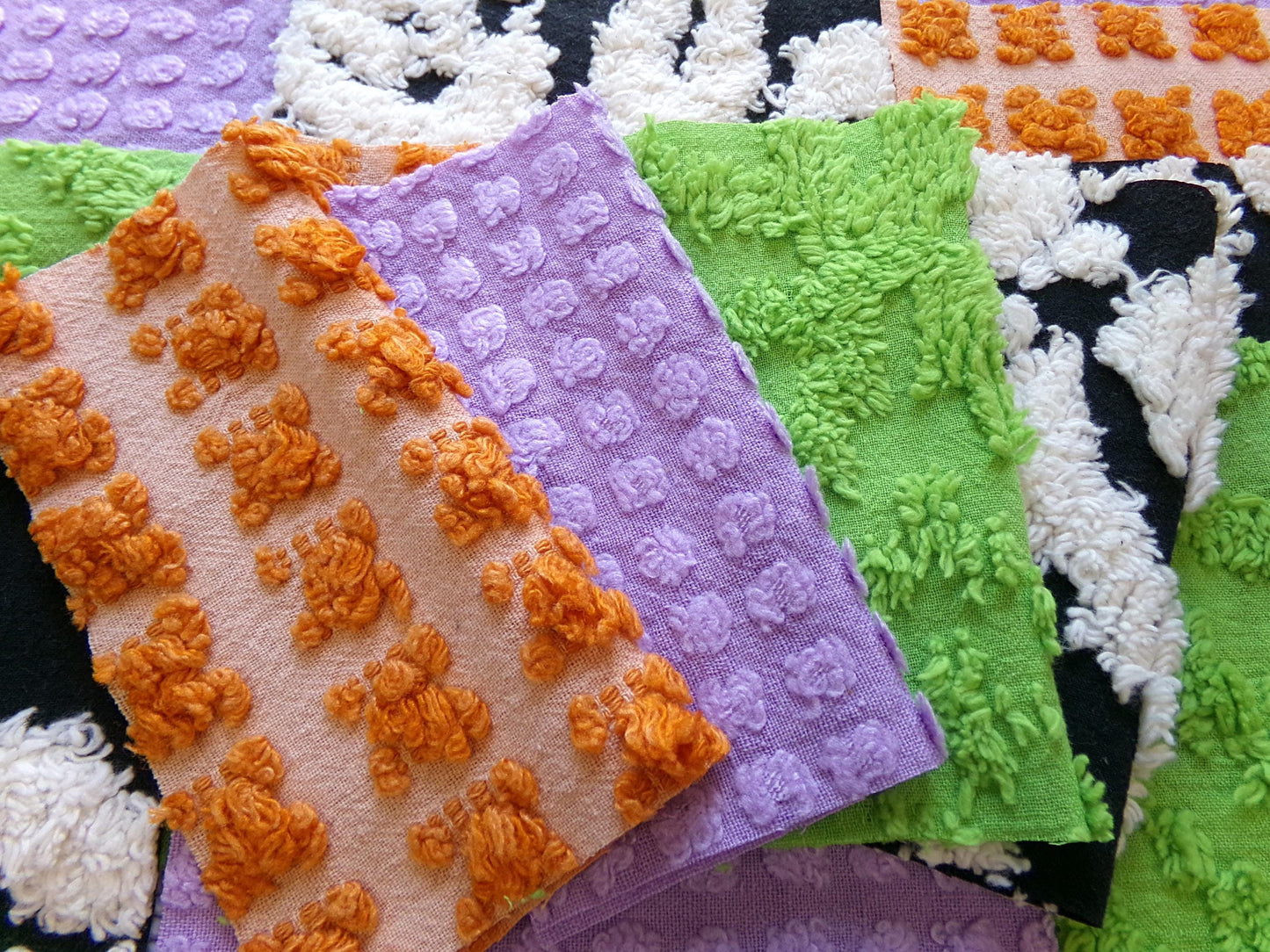 whimsical witch vintage chenille fabric squares, set of 16 playful 6" blocks for crafts, sewing in orange, black, green & lavender