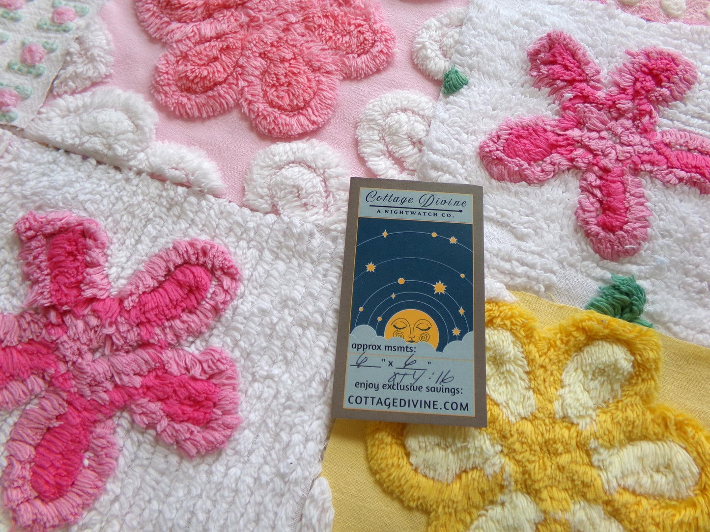 vintage chenille fabric squares, "spring sunrise" set of 16 floral 6" quilt blocks in yellow, pink & white