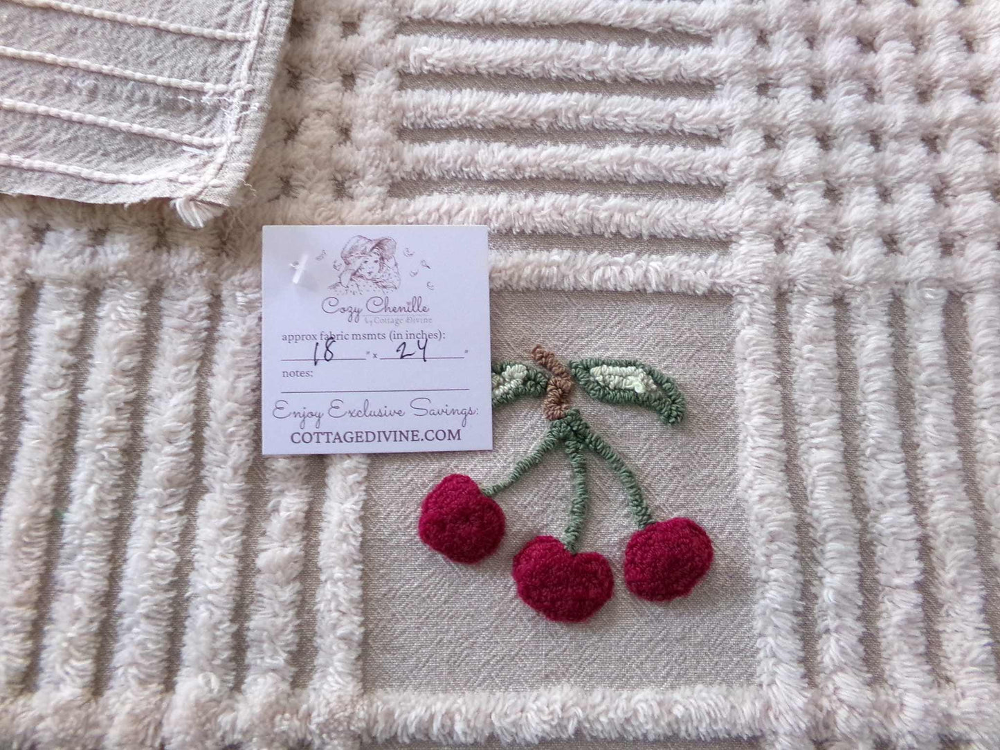 Adorable Cherries Vintage Chenille Fabric, 18" x 24" inch piece of sewing material with 6 cherry bunches for quilts, pillows, wall hanging