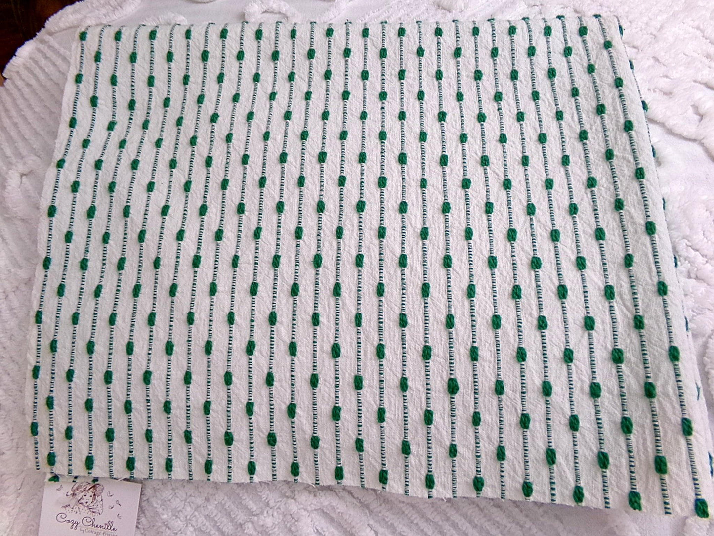 preppy kelly green textured fabric piece, vintage chenille raindrop dots on white woven cotton, great in quilts, xmas stockings, 20" x 25"