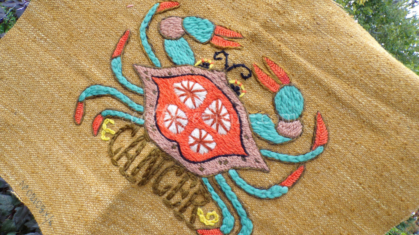 CANCER Rare Zodiac Vintage Astrology Embroidery, Paragon Crewel Stitchery, Completed, an Original 1969 Barbara Sparre Design