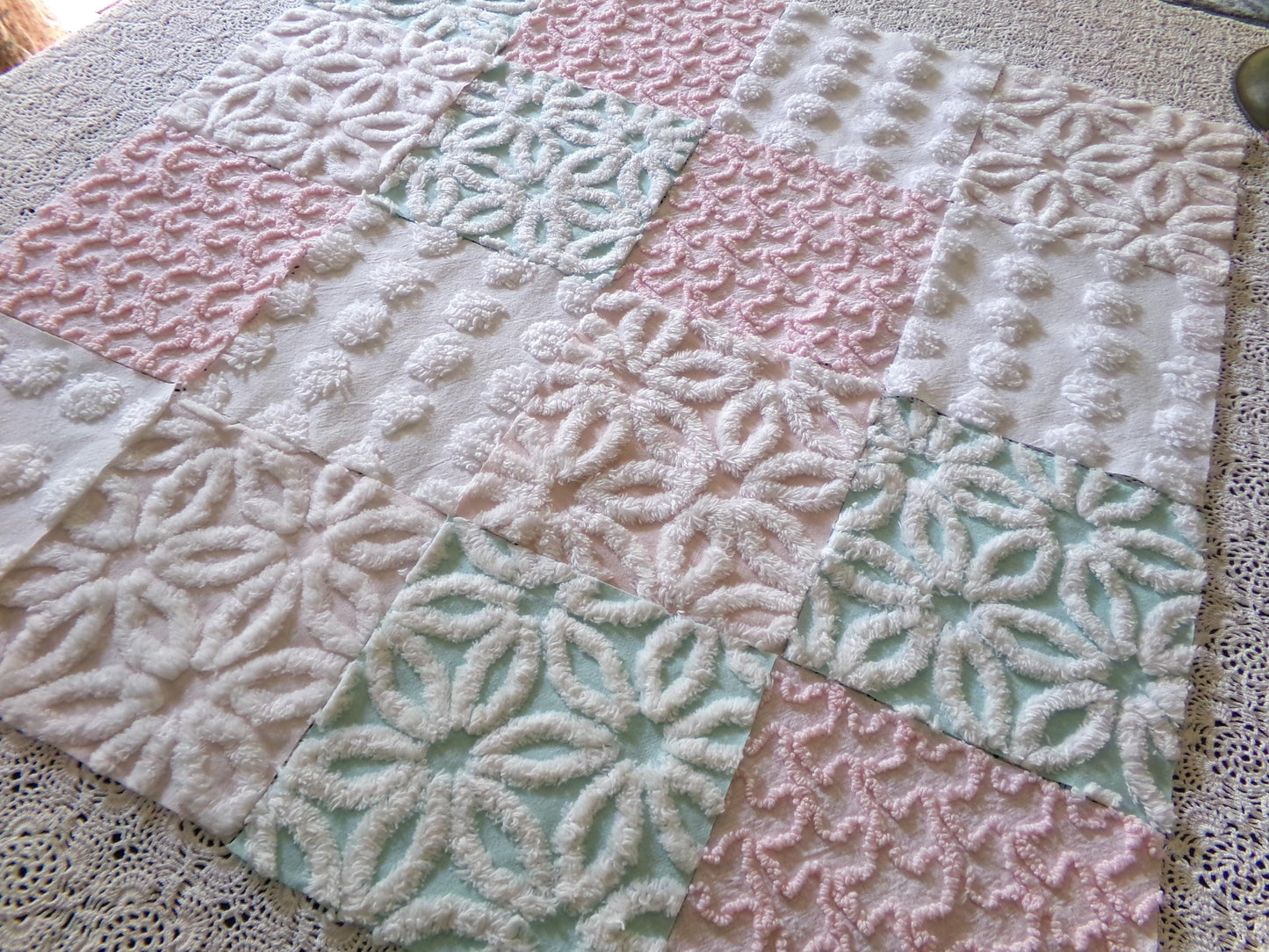 Beautiful Aqua & Pink Chenille Quilt Squares Set from Vintage Bedspread Fabric, 16 Blocks, 6" x 6" inch, Daisy, Squiggle, Polka Dot Patterns
