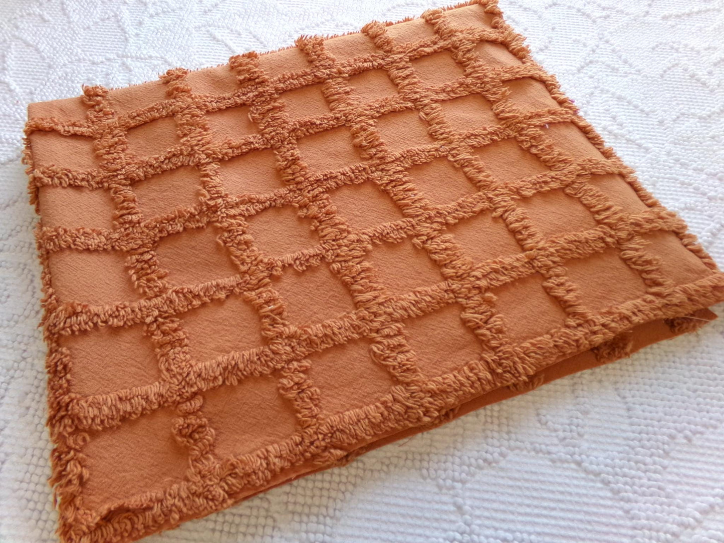 nutmeg pumpkin spice chenille fabric, 20" x 24" boho vintage style sewing material for quilts, crafts in simple windowpane tufted design