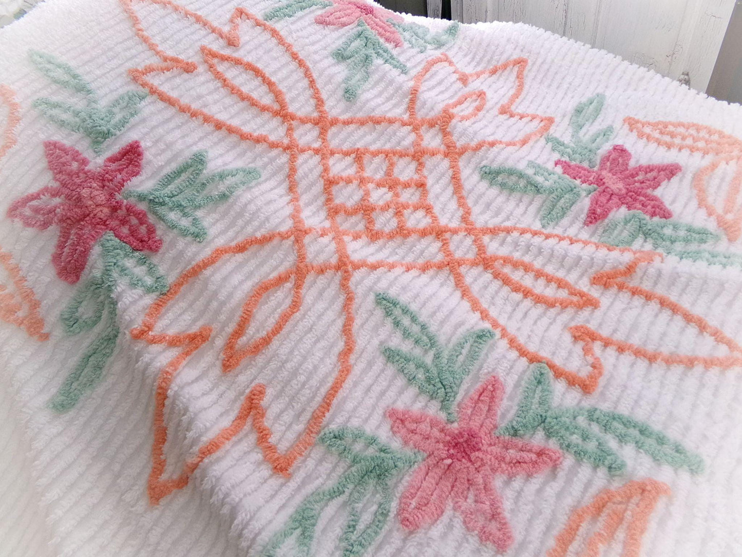 botanical white chenille bedspread, pink lily flowers & citrus orange scrollwork, full size cotton bedding, great summer coverlet