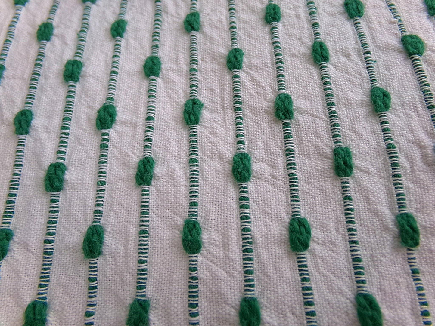 preppy kelly green textured fabric piece, vintage chenille raindrop dots on white woven cotton, great in quilts, xmas stockings, 20" x 25"