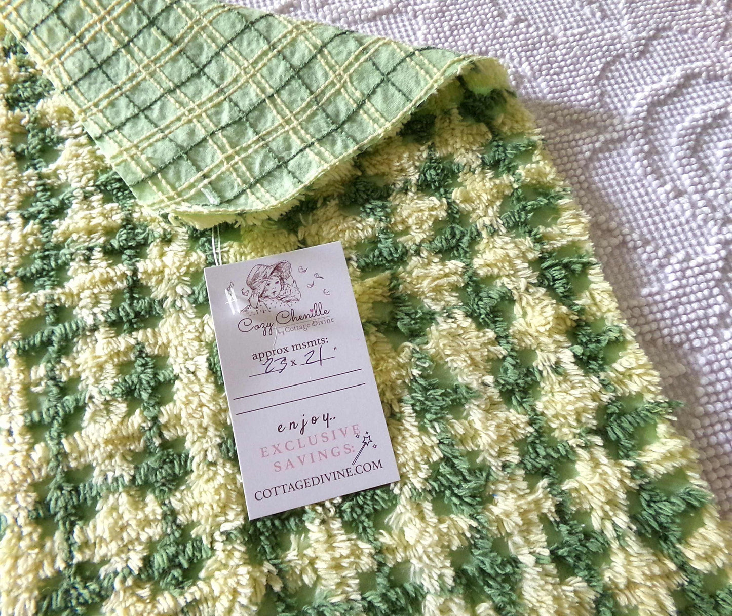Cheerful Green & Yellow Plaid Vintage Chenille Fabric, 21" x 23" inch Piece, Soft Cotton Blend