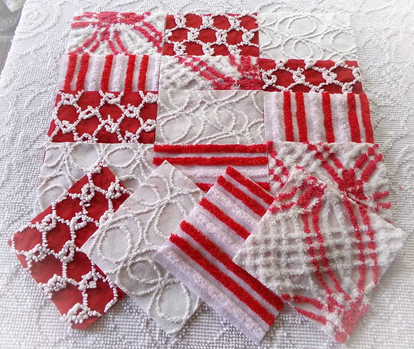 candy canes chenille fabric squares, red & white vintage craft square set of 16 blocks, 6" x 6" inch, great for Christmas stockings
