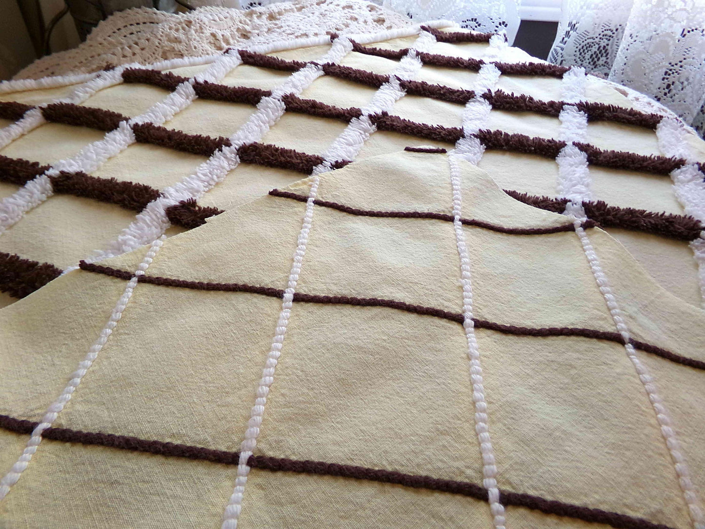 Buttery Yellow Chenille Crosshatch Fabric, Wide Tufted Chocolate Brown & White Lines, 20" x 25" inch Vintage MCM Cotton Material