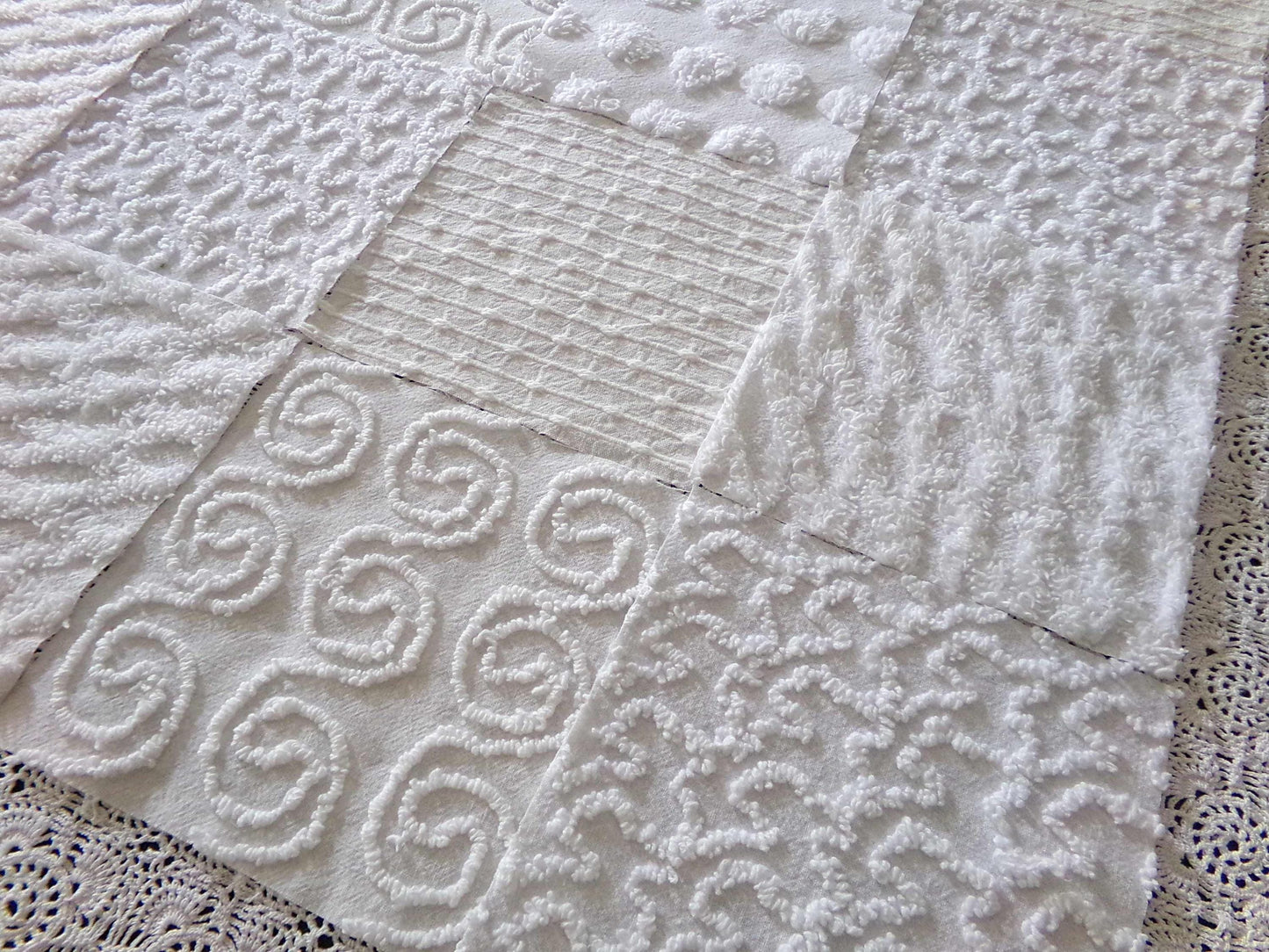 serene snowfall vintage chenille fabric squares, set of 16 white 6" quilt blocks, upcycle in handmade quilts, sewing projects