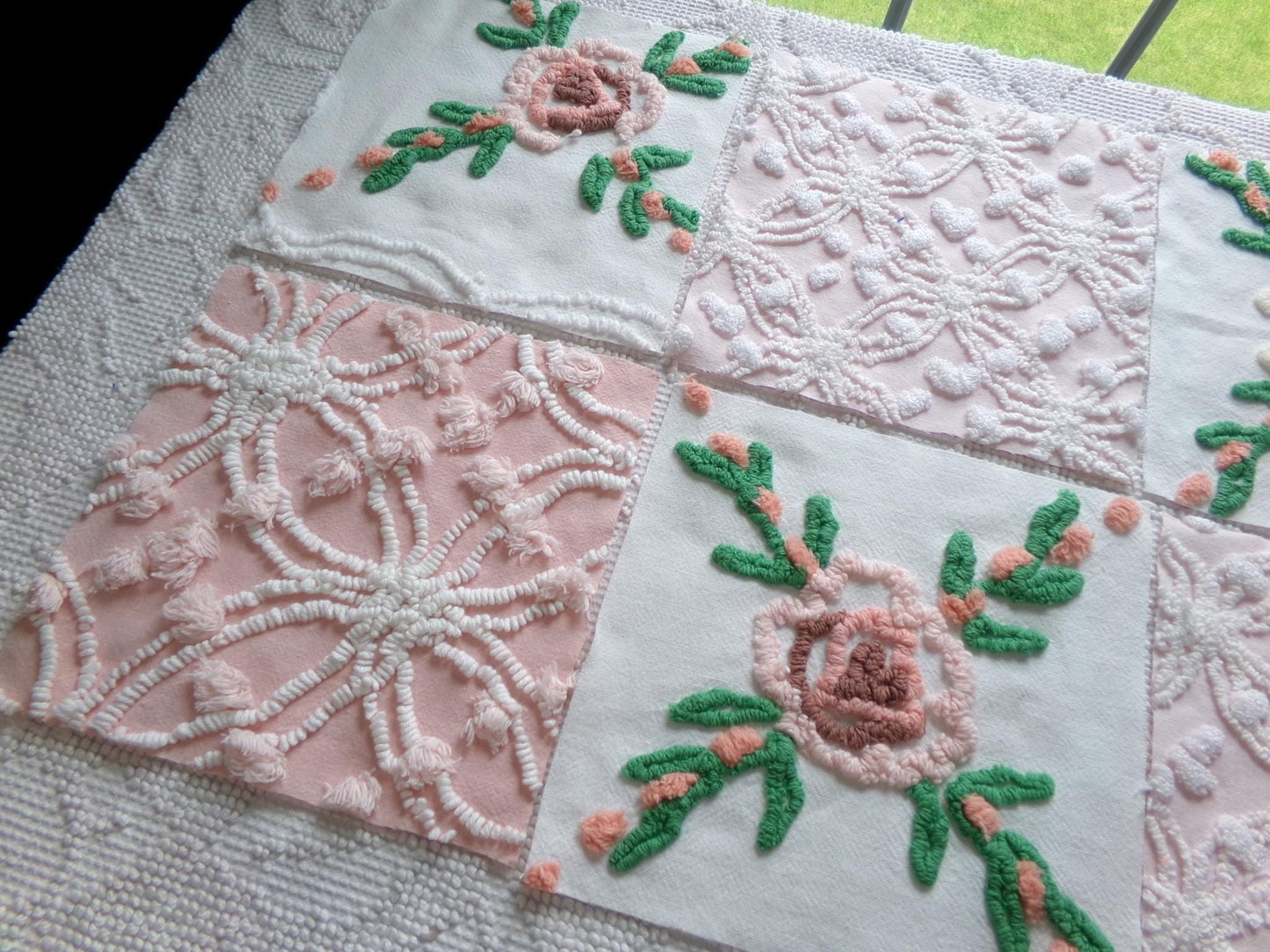 shabby fantasy florals chenille fabric squares, set of 8 vintage 7.5" quilt blocks, pink & white wildflowers for sewing, crafts, quilting