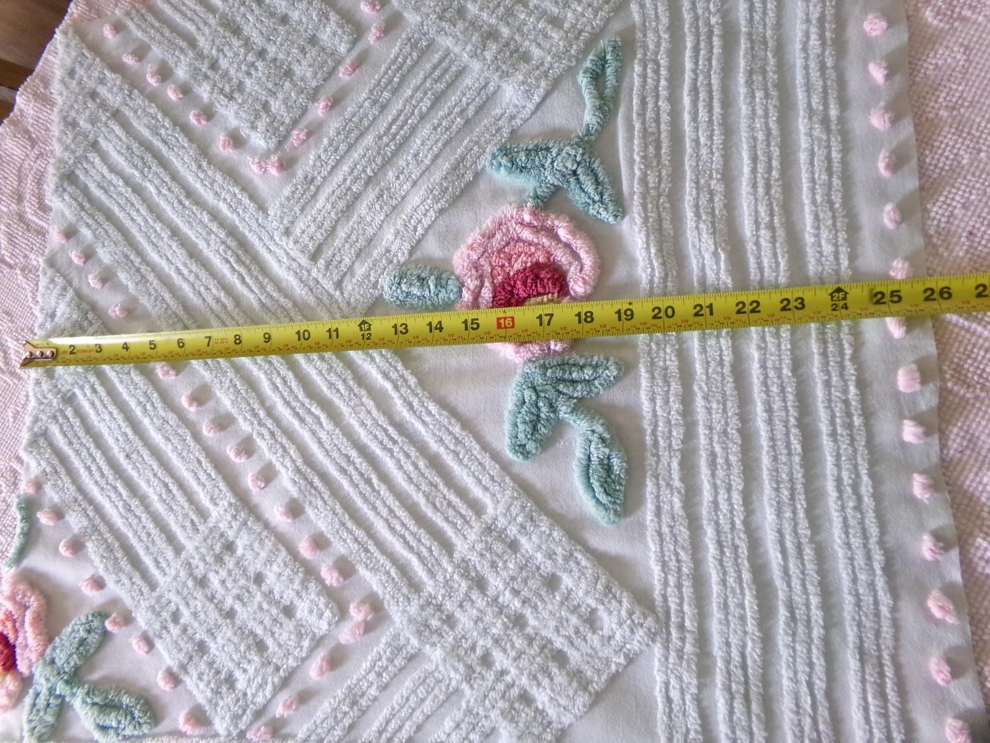 Rose Aqua Mist Vintage Chenille Fabric, 25" x 24" Piece, 100% Lightweight Cotton, Lovely Simple Floral Geometric Design