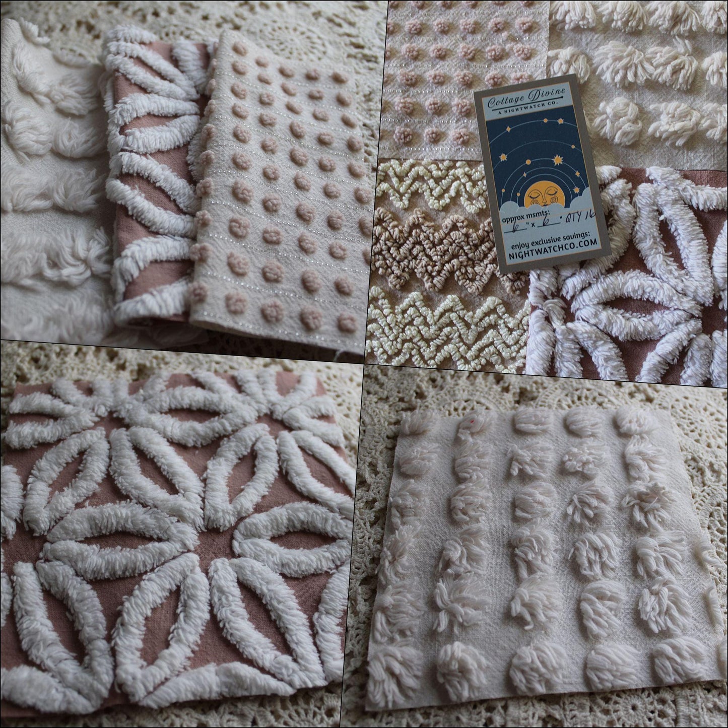 creamy vanilla mocha chenille fabric squares, set of 16 vintage quilt blocks 6" inches ea, daisy, squiggle, puffy pop texture