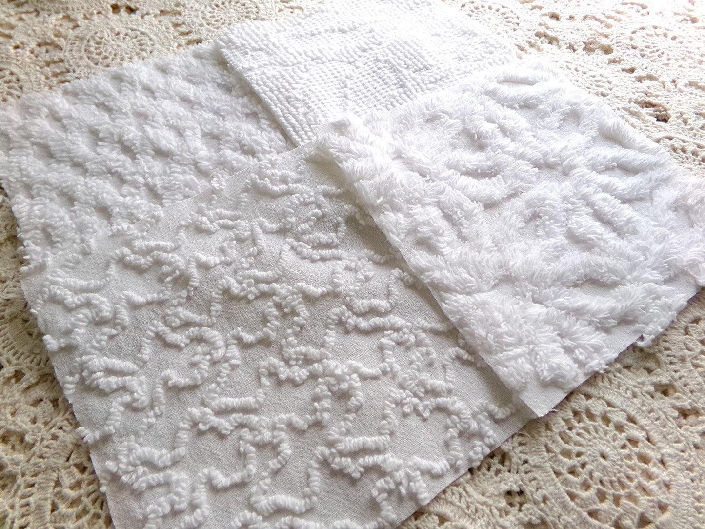 Snow Baby Chenille Fabric Squares Set of 16 White Quilt Blocks, 6" x 6" inches each, Diamond, Squiggle Daisy & Hobnail Texture Patterns